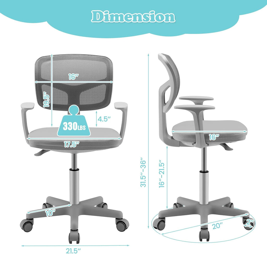 Giantex Kids Desk Chair, Ergonomic Adjustable Teen Task Chair w/Y-Shaped Lumbar Support, Armrest & Universal Wheels, Mesh Kid Office Chair for Sturdy, Kids Computer Chair for Boys & Girls 4-12, Grey