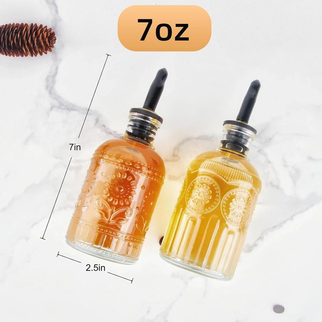 Simple Syrup Bottles Set of 2, Glass Coffee Syrup Dispenser Bottles 7 OZ With Metal Pour Spout, Labels and Stopper, Glass Syrup Dispenser for Maple Honey Syrup Oil and Sauces, LC002