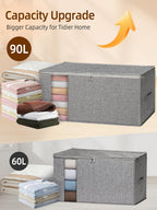 90L King Size Comforter Storage Bag w/Rigid Panels, Large Blanket Organizer for Closet, Stackable & Foldable Container w/Clear Window & Smooth Zippers for Bedding Sets/Clothes, 2 Pack, Gray