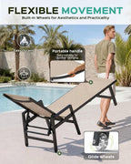 Vexwalx Patio Chaise Lounge Chair Outdoor with Wheels&Armrests, Aluminum Pool Lounge Chairs 5-Position Adjustable Recliner, Outdoor Beach Lounge Chairs for Outside, Patio, Deck, Yard, Khaki