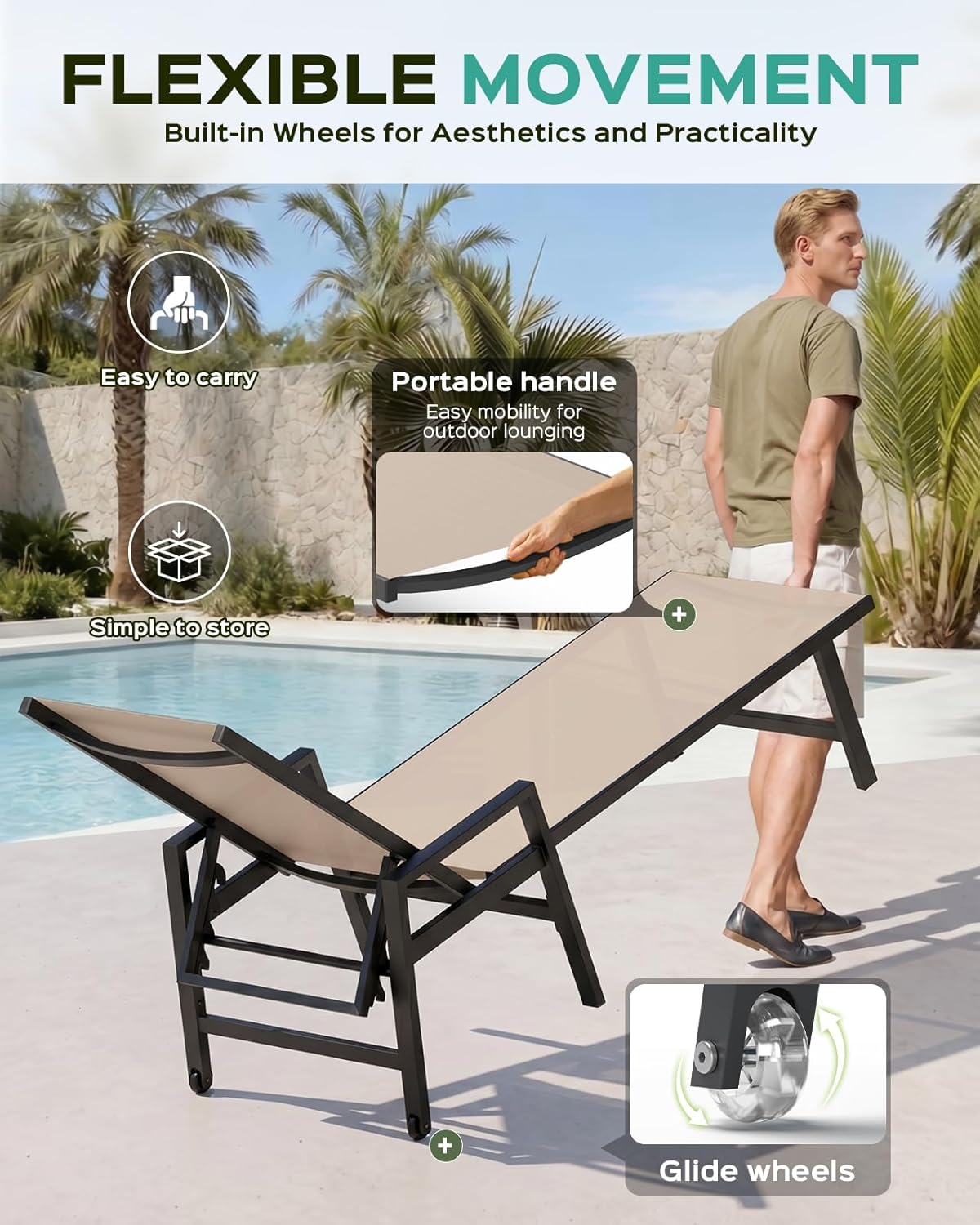 Vexwalx Patio Chaise Lounge Chair Outdoor with Wheels&Armrests, Aluminum Pool Lounge Chairs 5-Position Adjustable Recliner, Outdoor Beach Lounge Chairs for Outside, Patio, Deck, Yard, Khaki