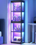 AODK Display Cabinet with Glass Doors, Glass Display Case with RGB LED Light, Corner Display Shelf for Collectibles, Black Curio Cabinet for Showcase, Bookcase