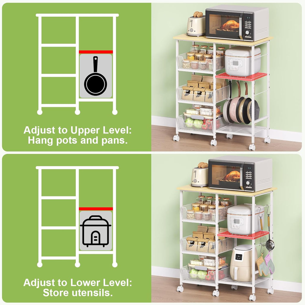 Rolling Kitchen Storage Microwave Cart & Kitchen Island on Wheels, Adjustable Shelf, Lockable Wheels, 27.75" L × 15.35" W, Bakers Rack Microwave Stand with Tilt-Out Baskets, Kitchen, Coffee Bar, White