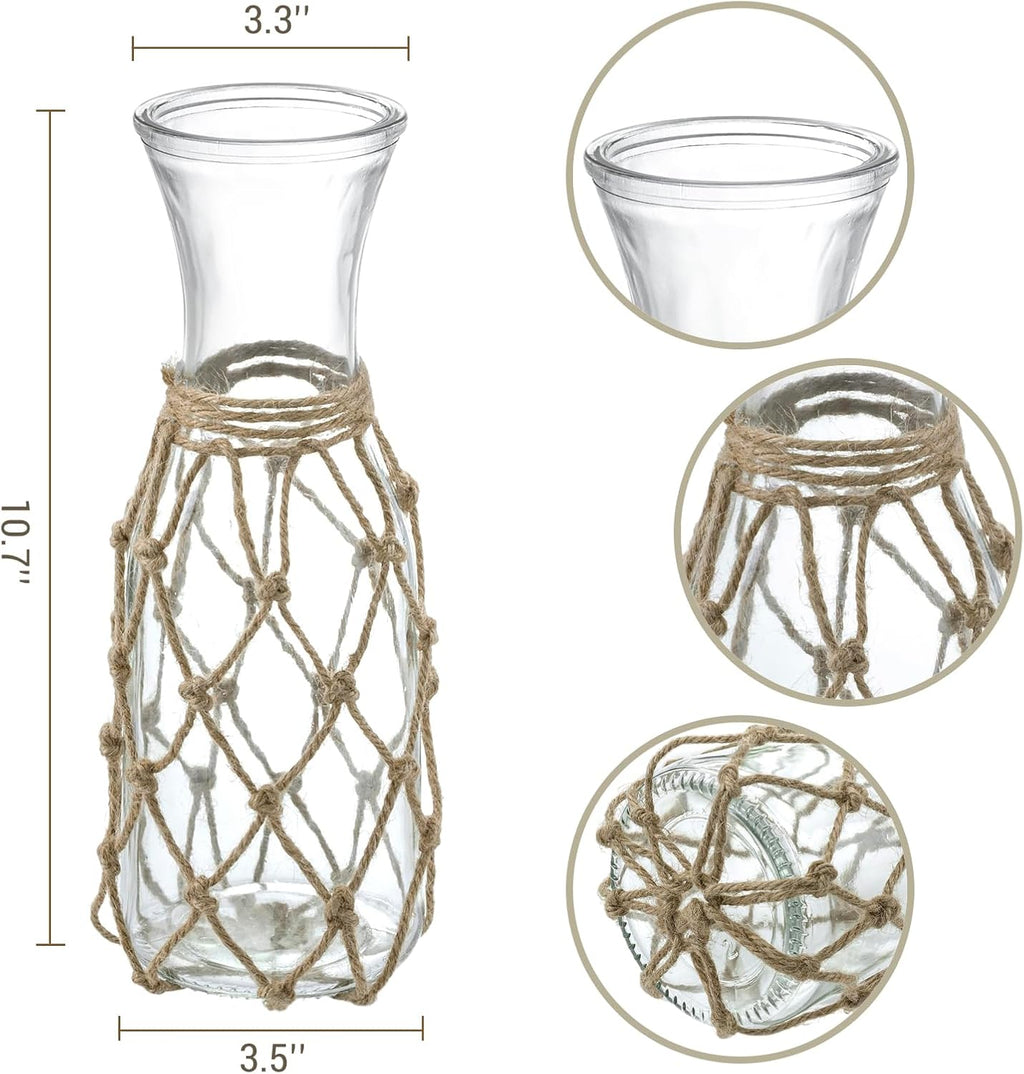 MyGift Rustic Glass Bottle Vase with Handwoven Hemp Rope Cover – Decorative Floral Arrangement Container for Home or Event Centerpieces