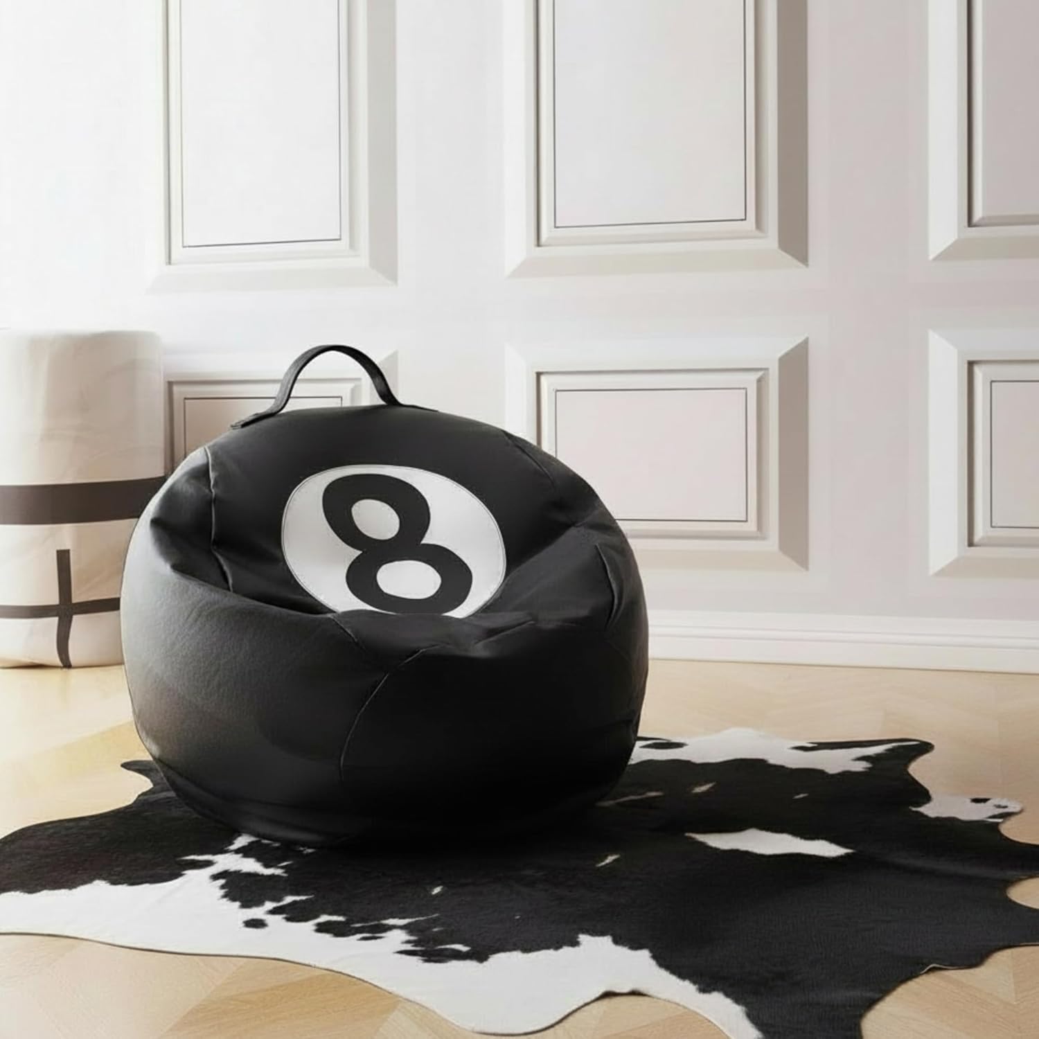 AceOrbit 8 Ball Bean Bag Chair Cover, Prize Gift Plush Toys Organizer, Black PU Leather 8 Ball Stuffed Animal Storage Bean Bag, Billiard Decor for Game Home Dorm Room Living Room (No Filling)