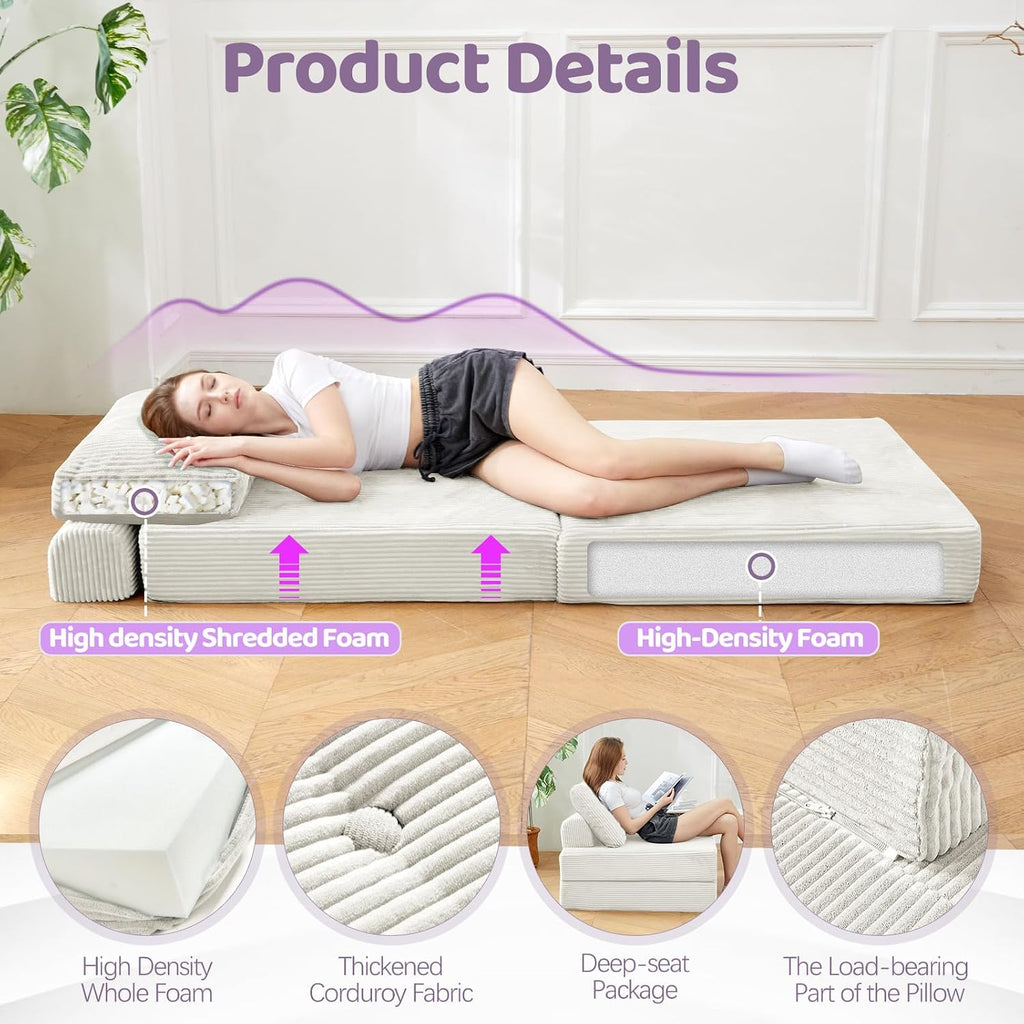 Folding Sofa Bed Chair, Sleeper Chair for Adults with High-Density Foam and Pillow,Portable 3 in 1Folding Chair Bed for Living Room、Apartment 、Hotel,Single, Creamy Apricot