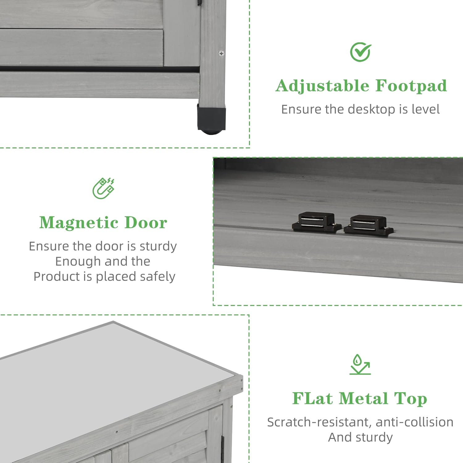 Outdoor Potting Bench with Storage Cabinet and Metal Top, Wood Workstation for Outdoor Patio, Garden (Light Grey, 31x17x36‘’)