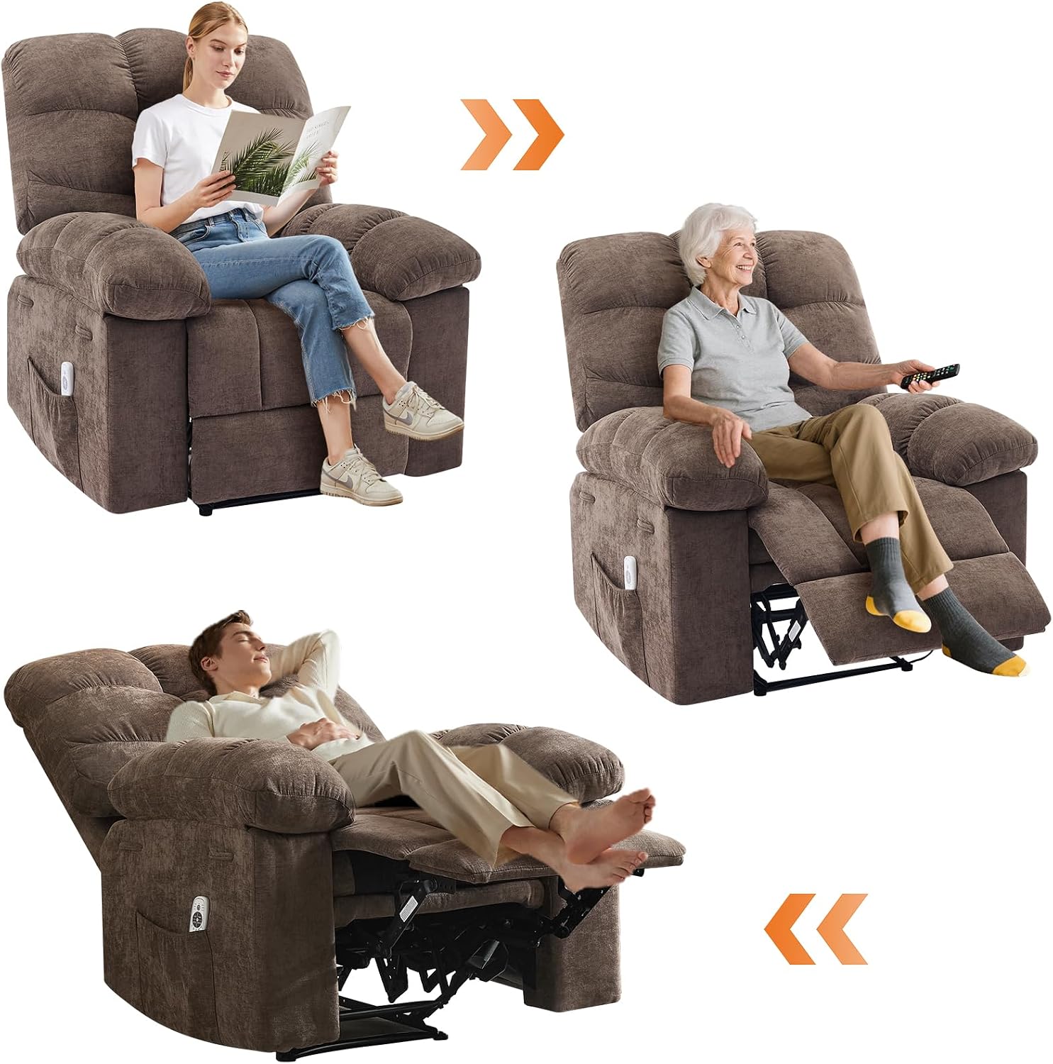 Rocking Recliner Chair with Massage & Heat, Overstuffed Fabric Upholstery, Remote Control, Side Pockets, for Living Room, Bedroom, Nursery, Home Theater, Coffee