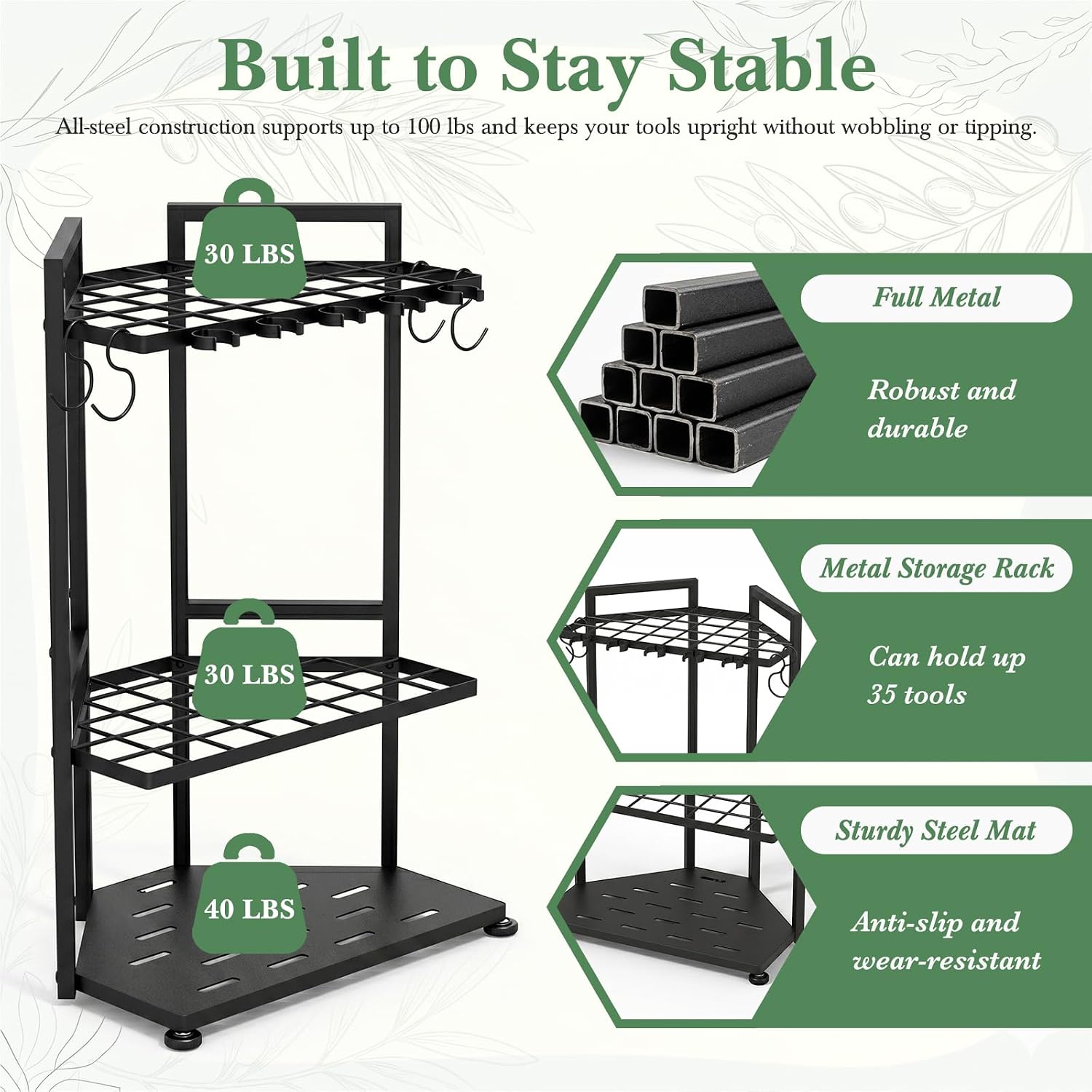 Faesun Garden Tool Organizer for Garage, Heavy Duty Garden Tool Storage Organizer with Secure Slots & Hooks, Freestanding Long Handle Tool Rack for Shovels, Rakes, Brooms, Garage, Shed & Yard