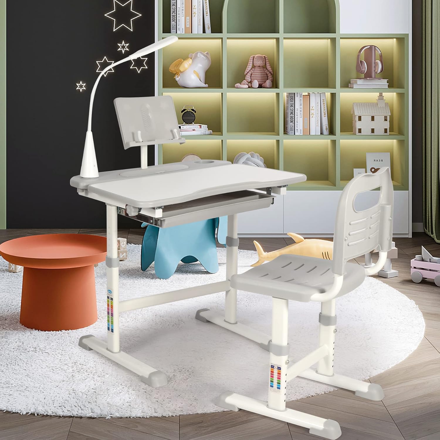 Kids Desk and Chair Set,Height Adjustable Childrens Homeschool Study Table with Storage Drawer, LED Light,Cup Holder,Bookstand, for 3-15 Years Boy and Girl, Grey