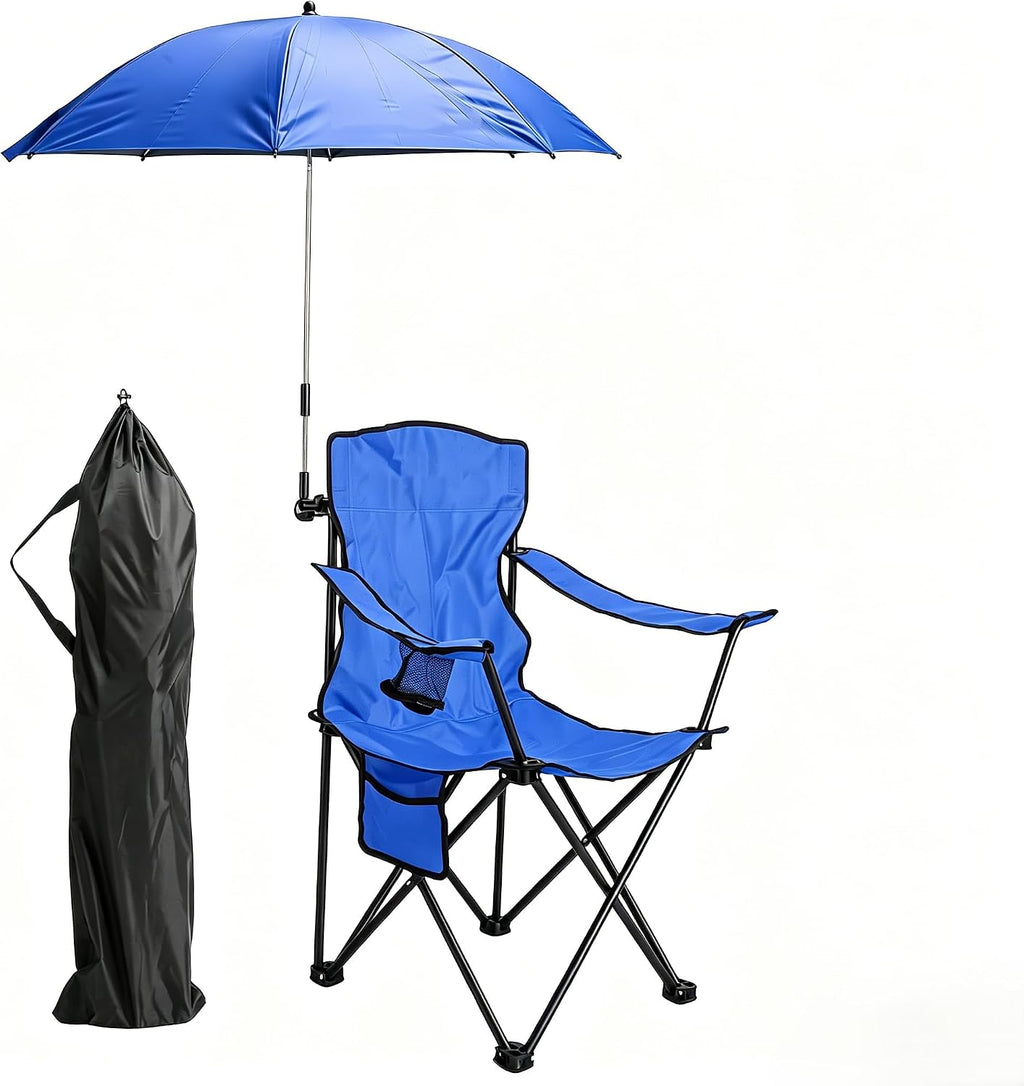 Folding Camping Chair with Detachable 8-Rib Sun Umbrella, 42 Inch Canopy Aluminum Alloy Portable Lawn Chair, Supports 330 lbs, Cup Holder, for Beach Camping Travel