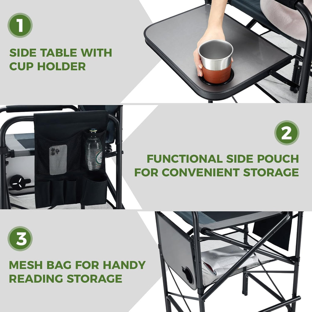 EVER ADVANCED 30.7" Seat Height Tall Directors Chair with Side Table, Foldable Bar Stool & Camping Chair for Makeup Artist, Sports Events and Craft Shows, Supports 350lbs, Grey/Black
