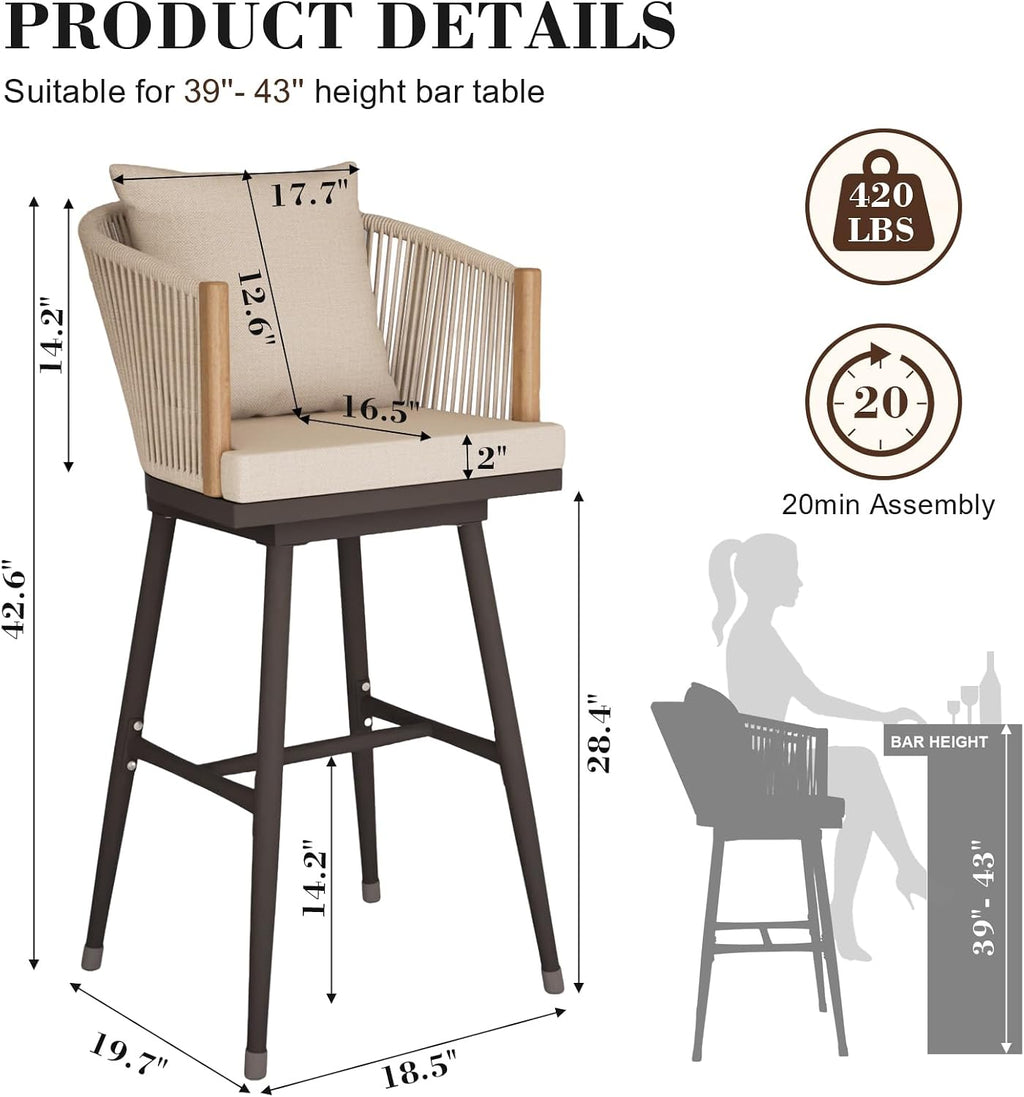 MEISSALIVVE Bar Stools Set of 2, Bar Height Bar Stools, Swivel Patio Barstools with Removable Cushion, Boho Outdoor Bar Stools with Olefin Rope Backrest for Kitchen, Garden, Balcony, Beige