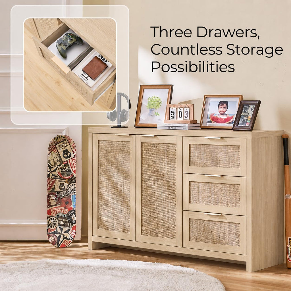 OAKHAM HOME Rattan Sideboard Buffet Cabinet with Storage Storage Credenza with 3 Drawers and 2 Doors, Accent Console Table for Living Room, Hallway or Kitchen Light Weathered Oak