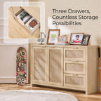 OAKHAM HOME Rattan Sideboard Buffet Cabinet with Storage Storage Credenza with 3 Drawers and 2 Doors, Accent Console Table for Living Room, Hallway or Kitchen Light Weathered Oak