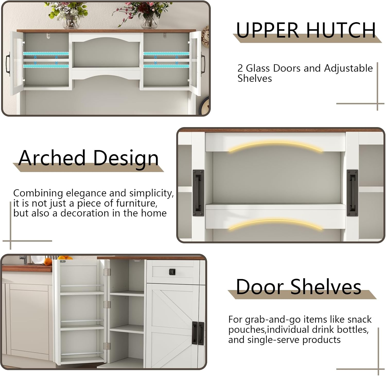 Loomie 60" Tall Farmhouse Pantry Cabinet, Kitchen Hutch with 2 Drawers, Kitchen Pantry Storage Cabinet with Adjustable Shelf and Microwave Stand, Food Pantry Cabinet for Living Room, Kitchen (White)