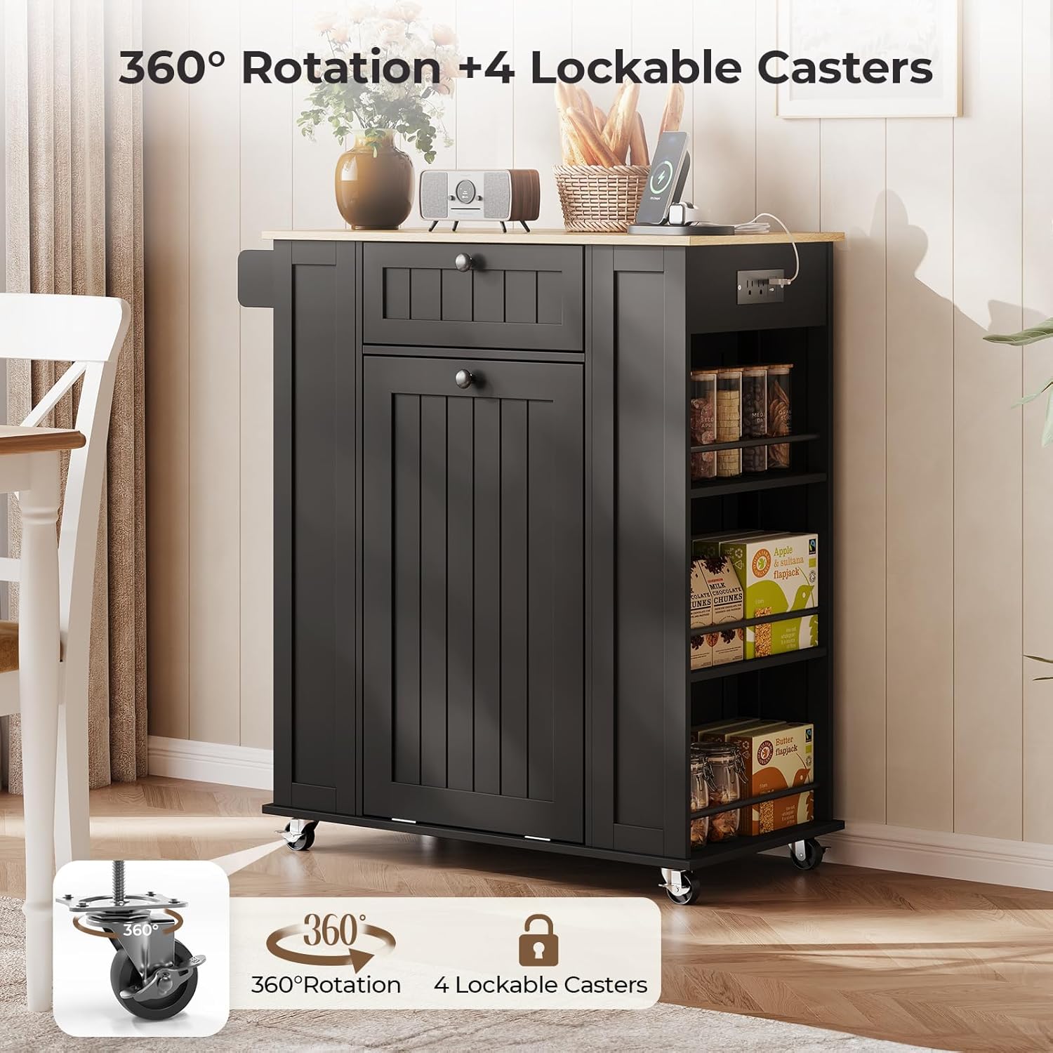 35" Kitchen Island with Trash Cabinet, Portable Rolling Cart with Power Outlet, Storage Drawer, 6-Tier Spice Rack, 4 Locking Casters for Kitchen Dining Living Room, Black