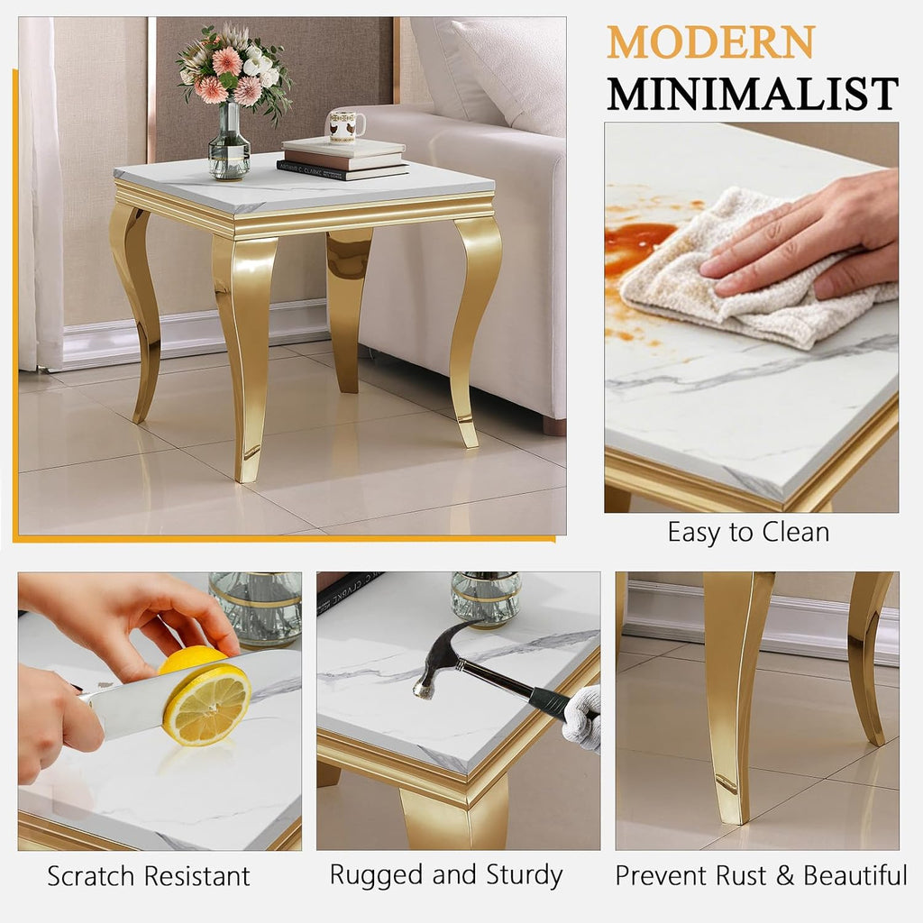 Luxury Marble Side Table, Square End Table with Faux Marble Tabletop & Gold Stainless Steel S Legs, Modern Sofa Side Table for Living Room, Bedroom, Home Decor