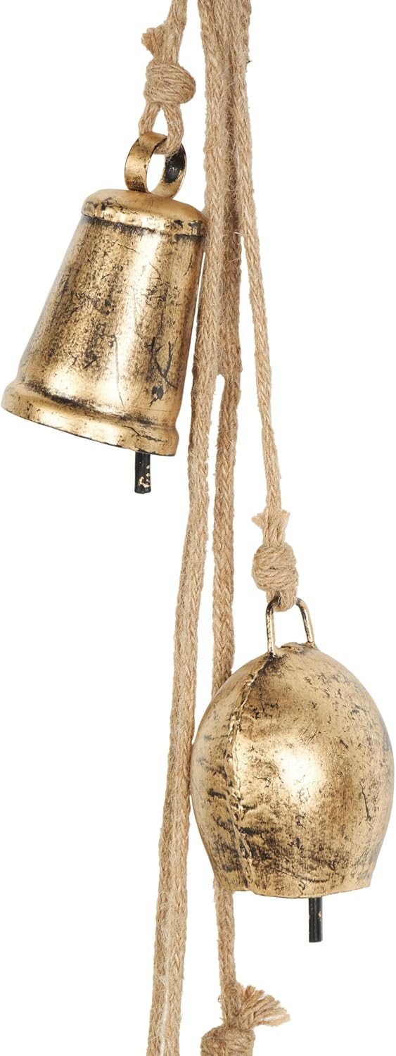 Deco 79 Golden Bell Cluster | Indoor Tibetan Inspired Cascading Meditation Bell With 5 Bells On Jute Hanging Rope Cowbells