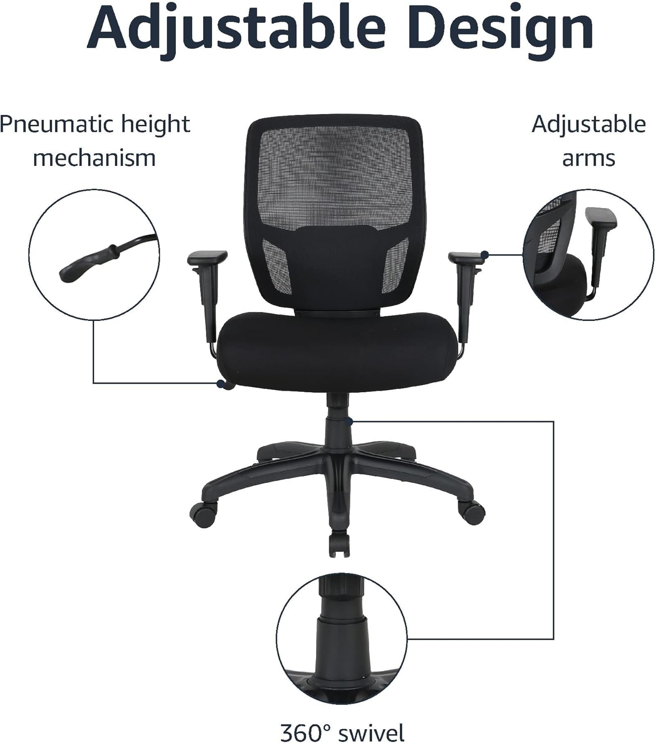 Amazon Basics Big and Tall Mesh Office Chair with Adjustable Armrests, Lumbar Support, Adjustable Height, 400lbs Capacity, Black
