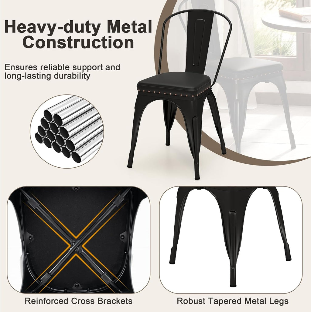 Giantex Metal Dining Chairs Set of 4, Stackable Armless Kitchen Side Chair with Detachable Backrest & PU Leather Padded Seat, Modern Dinette Chairs for Dining Room, Cafe, Restaurant, Bar (Black)