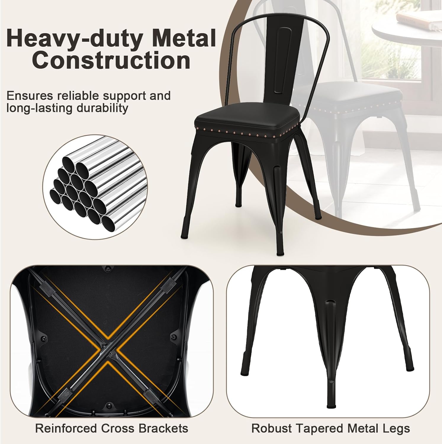 Giantex Metal Dining Chairs Set of 4, Stackable Armless Kitchen Side Chair with Detachable Backrest & PU Leather Padded Seat, Modern Dinette Chairs for Dining Room, Cafe, Restaurant, Bar (Black)