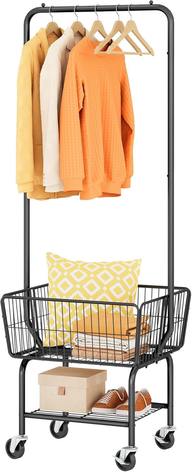 Tajsoon Laundry Cart with Hanging Rack, Metal Laundry Basket with Wheels, Laundry Hamper with Storage Basket and Shelf, Rolling Laundry Cart with Wheels, Black