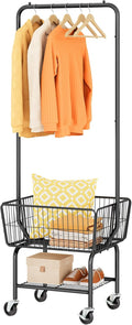 Tajsoon Laundry Cart with Hanging Rack, Metal Laundry Basket with Wheels, Laundry Hamper with Storage Basket and Shelf, Rolling Laundry Cart with Wheels, Black