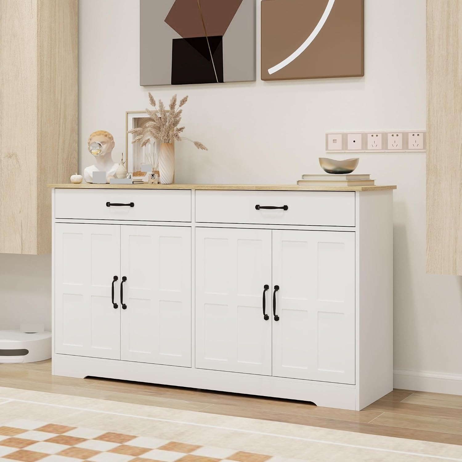 Large Farmhouse Buffet Cabinet Storage Sideboard, with 2 Drawers and 4 Doors, for Dining Living Room Kitchen,for Kitchen Home