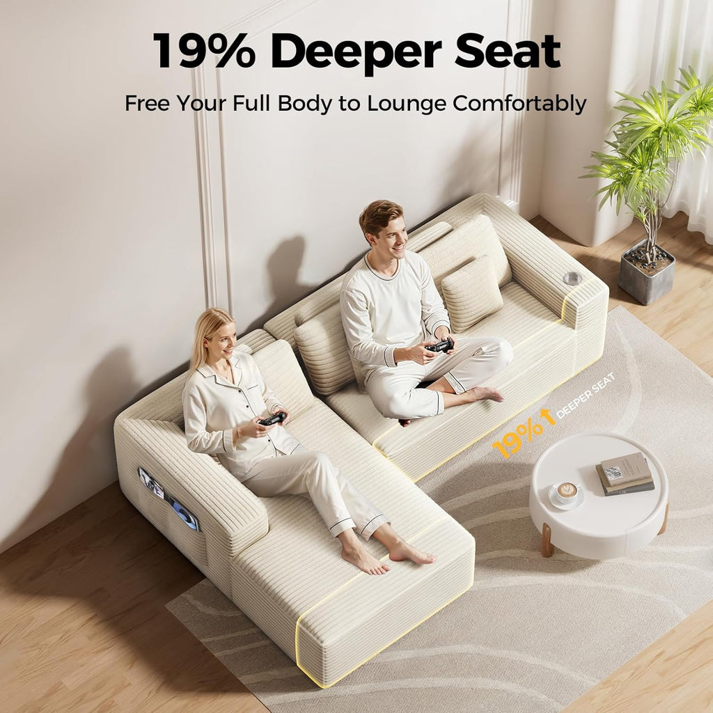 CAMMOO 108" Boneless Couch in One Box, Cloud Couches for Living Room, Beige | Compressed in One Box, Corduroy Boneless, Deep Seat, 4 Storage Pockets, L-Shaped Modular