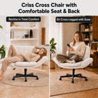Criss Cross Office Chair with Wheels and Arms, Vanity Chair with Back, Comfy Swivel Cross Legged Office Chairs for Ultimate Comfort and Support, Unique Multifunctional Stylish Arms (Fabric Beige)