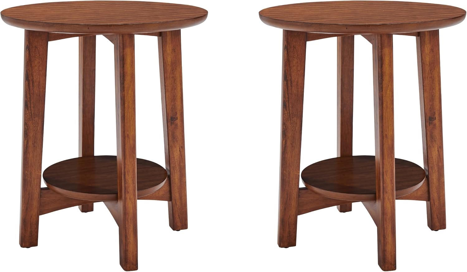 Alaterre Furniture Monterey End Tables – Set of 2 Round Side Tables with Storage Shelf – Mid-Century Modern Nightstand & Accent Table for Living Room or Bedroom (Warm Chestnut)