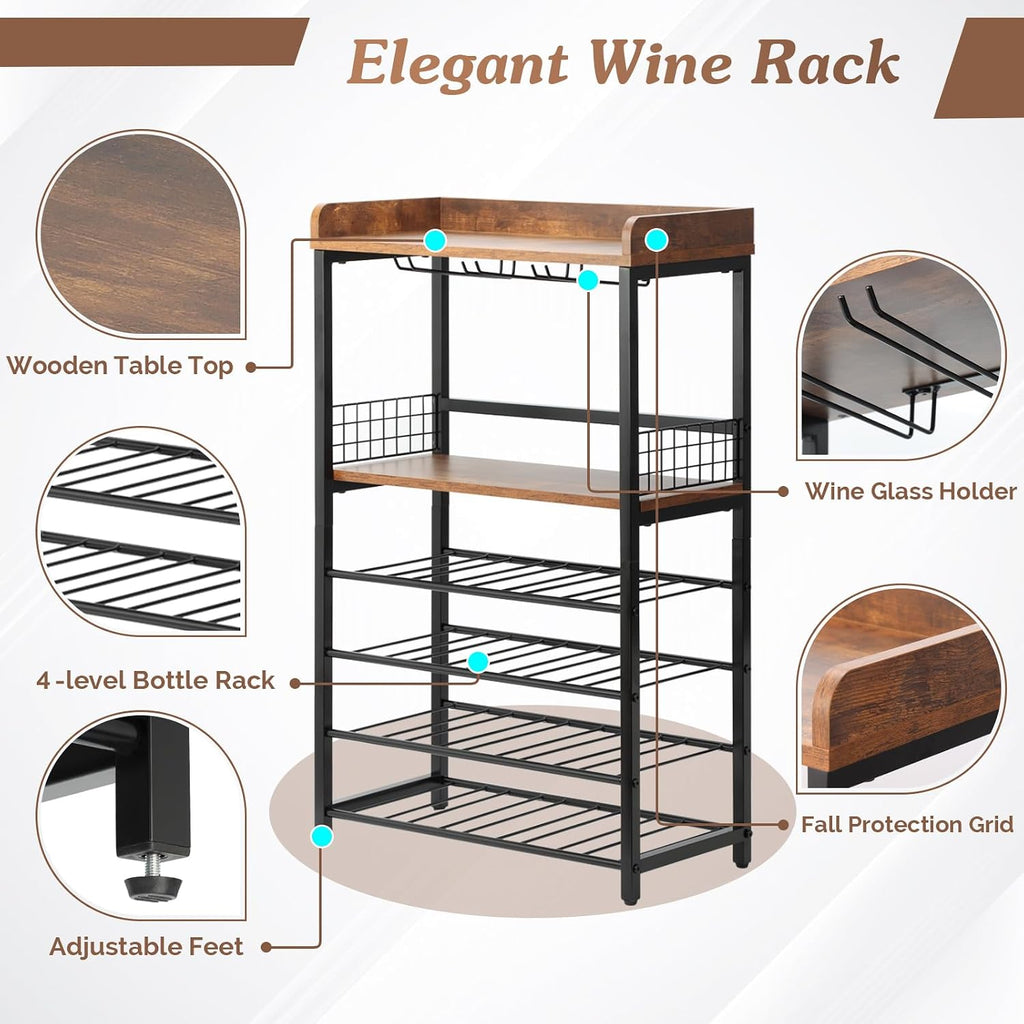 KATHY&BOB Morden Wood Wine Rack Freestanding Floor, 5-Tier Wine Storage Shelf with Wobble-Free Countertop, 20-Bottle Stackable Wine Glass Holder Rack for Home Bar Kitchen Dining Room (Wine Rack)