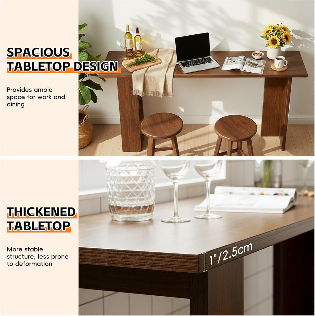 Solid Wood Bar Table with Storage Shelf, 1" Thick Counter Height Pub Table, T-Shaped Stable Legs, Narrow Long Bar Table for Kitchen, Dining, Living Room etc.