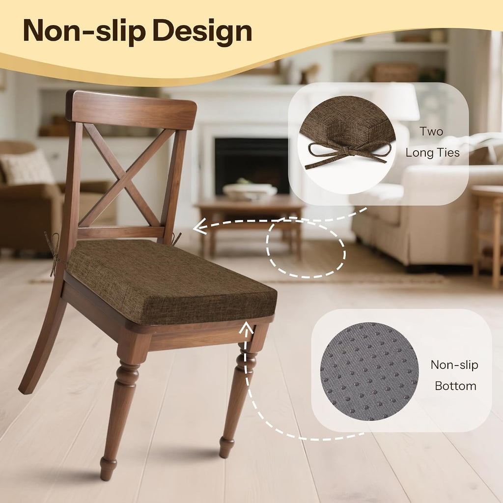 2.5 Inch Thick Dining Chair Cushions Set of 4 with Ties Non-Slip 16.5" x 16" Seat Cushions with Machine Washable Cover Comfy D-Shaped Kitchen Chair Pads Brown