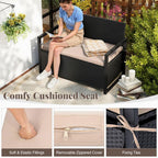 PE Rattan Metal Frame Rustic Storage Bench with 40 Gal Compartment 800lb Capacity Weather-Resistant 24.5x46x33.5in for Patio - Brown