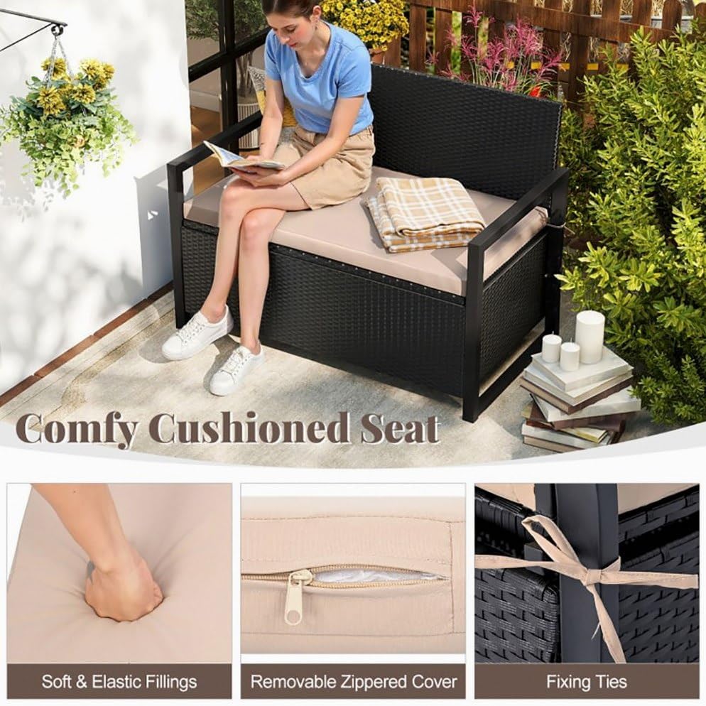 PE Rattan Metal Frame Rustic Storage Bench with 40 Gal Compartment 800lb Capacity Weather-Resistant 24.5x46x33.5in for Patio - Brown