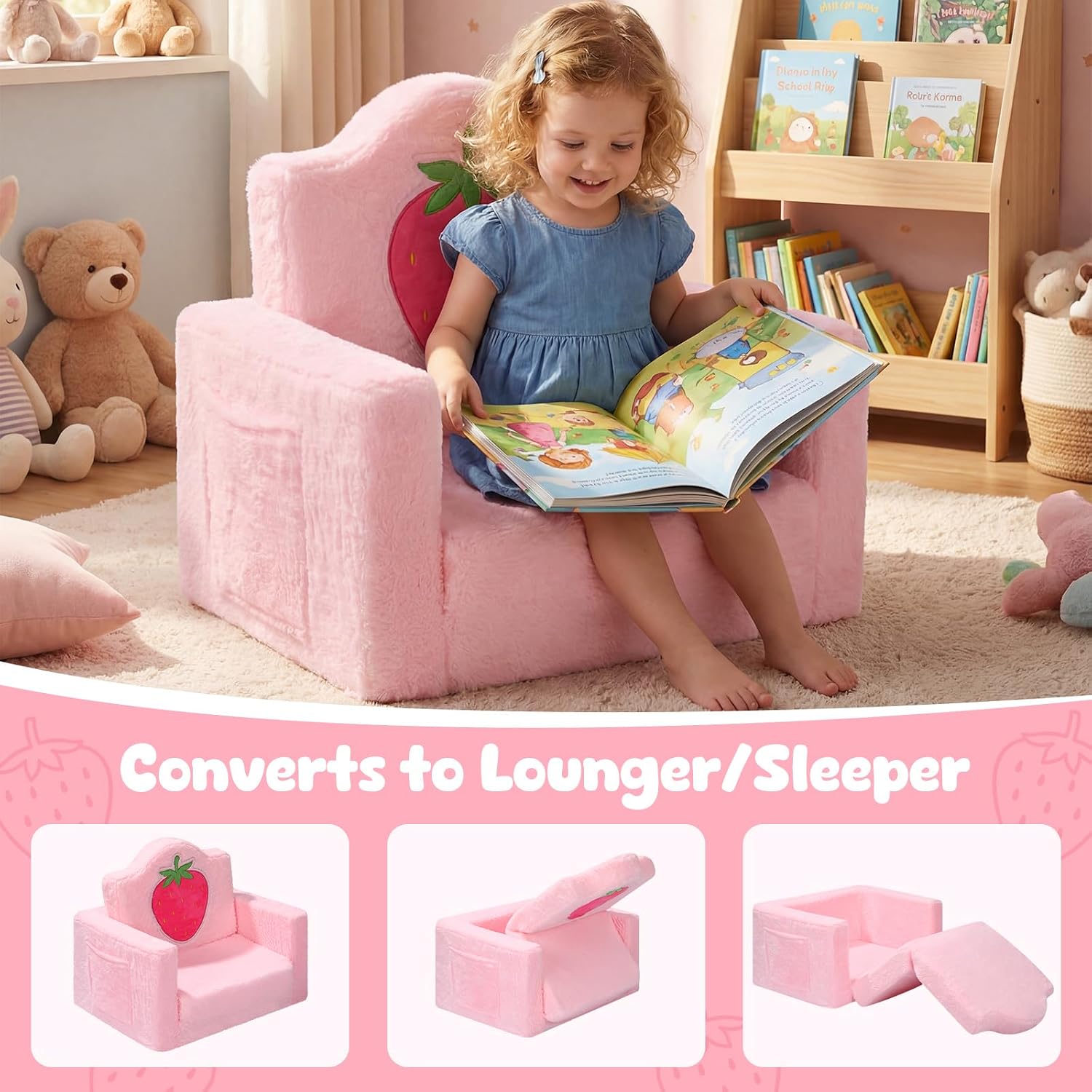 Novabright Kids Chair or Couch for Toddler, 2-in-1 Soft Foldable Couch, Comfy Toddler Chair, Convertible Sofa to Lounger, Gifts for Kids Girl Boys for Birthday, Children's Day (Strawberry)