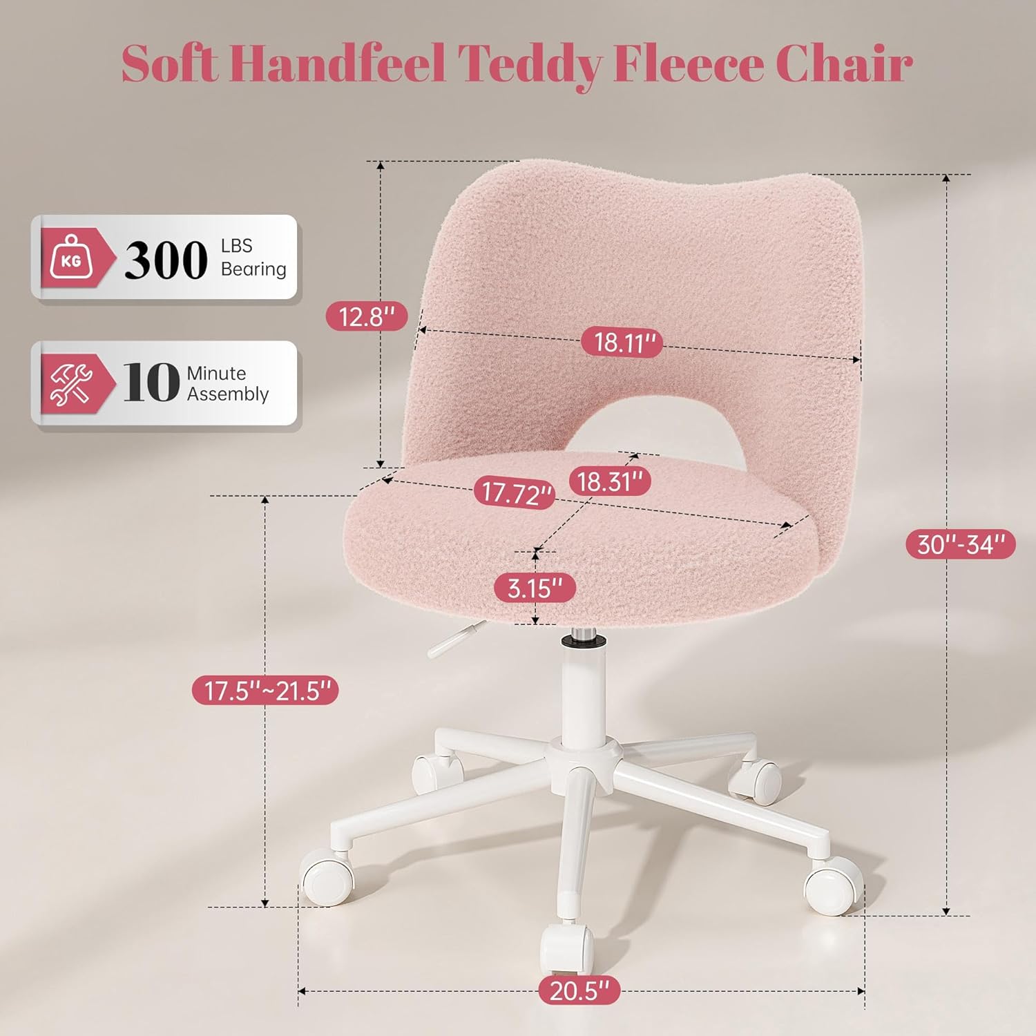 DurayLoly Vanity Chair with Open Hollow Back, Armless Desk Chair with Silent Wheels, Height Adjustable, Soft Teddy Fabric, 360° Swivel for Bedroom Vanity & Home Office, Candy Pink
