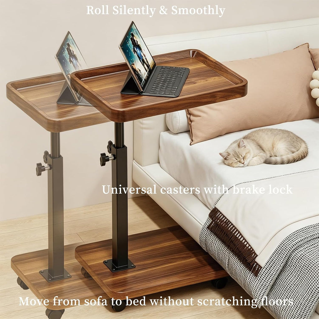Adjustable Height Side Table with Wheels, 360° Swivel End Table for Small Spaces, 16x12 Inch Waterproof TV Tray for Living Room, Bedroom, Couch, Bedside（Light Walnut）