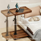 Adjustable Height Side Table with Wheels, 360° Swivel End Table for Small Spaces, 16x12 Inch Waterproof TV Tray for Living Room, Bedroom, Couch, Bedside（Light Walnut）