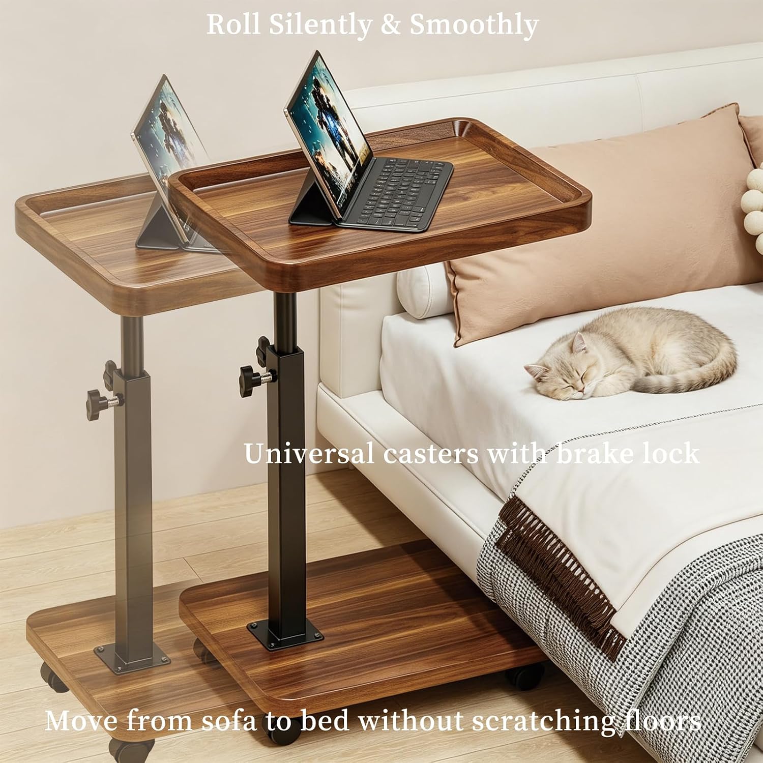 Adjustable Height Side Table with Wheels, 360° Swivel End Table for Small Spaces, 16x12 Inch Waterproof TV Tray for Living Room, Bedroom, Couch, Bedside（Light Walnut）
