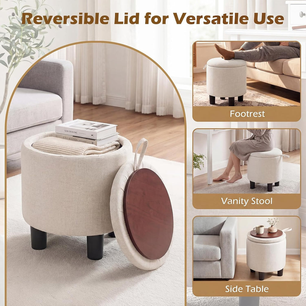 Giantex Round Storage Ottoman, Linen Fabric Upholstered Ottoman Foot Rest with Removable Lid, Small Ottoman Foot Stool for Bedroom Living Room (Beige)