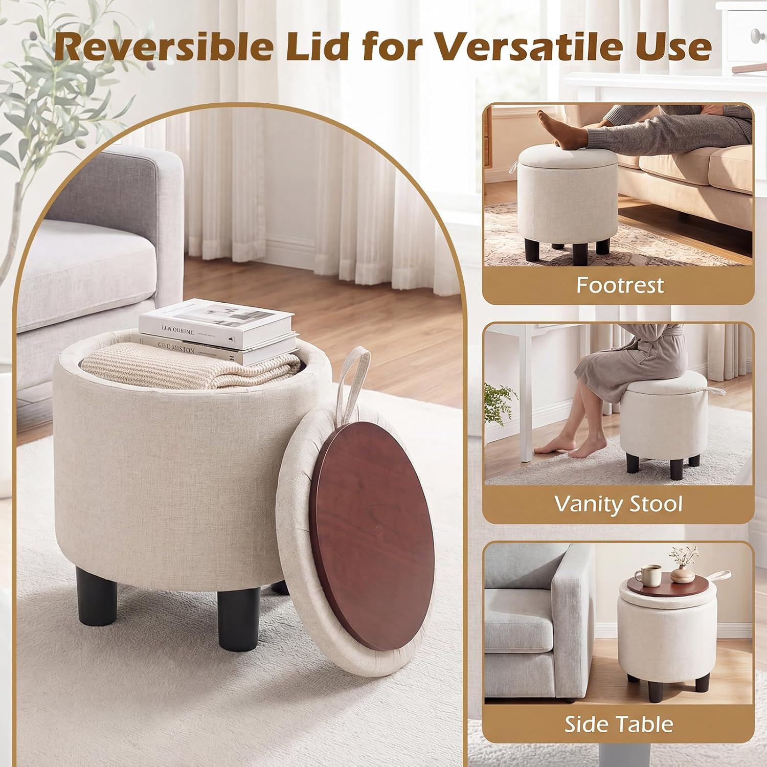 Giantex Round Storage Ottoman, Linen Fabric Upholstered Ottoman Foot Rest with Removable Lid, Small Ottoman Foot Stool for Bedroom Living Room (Beige)
