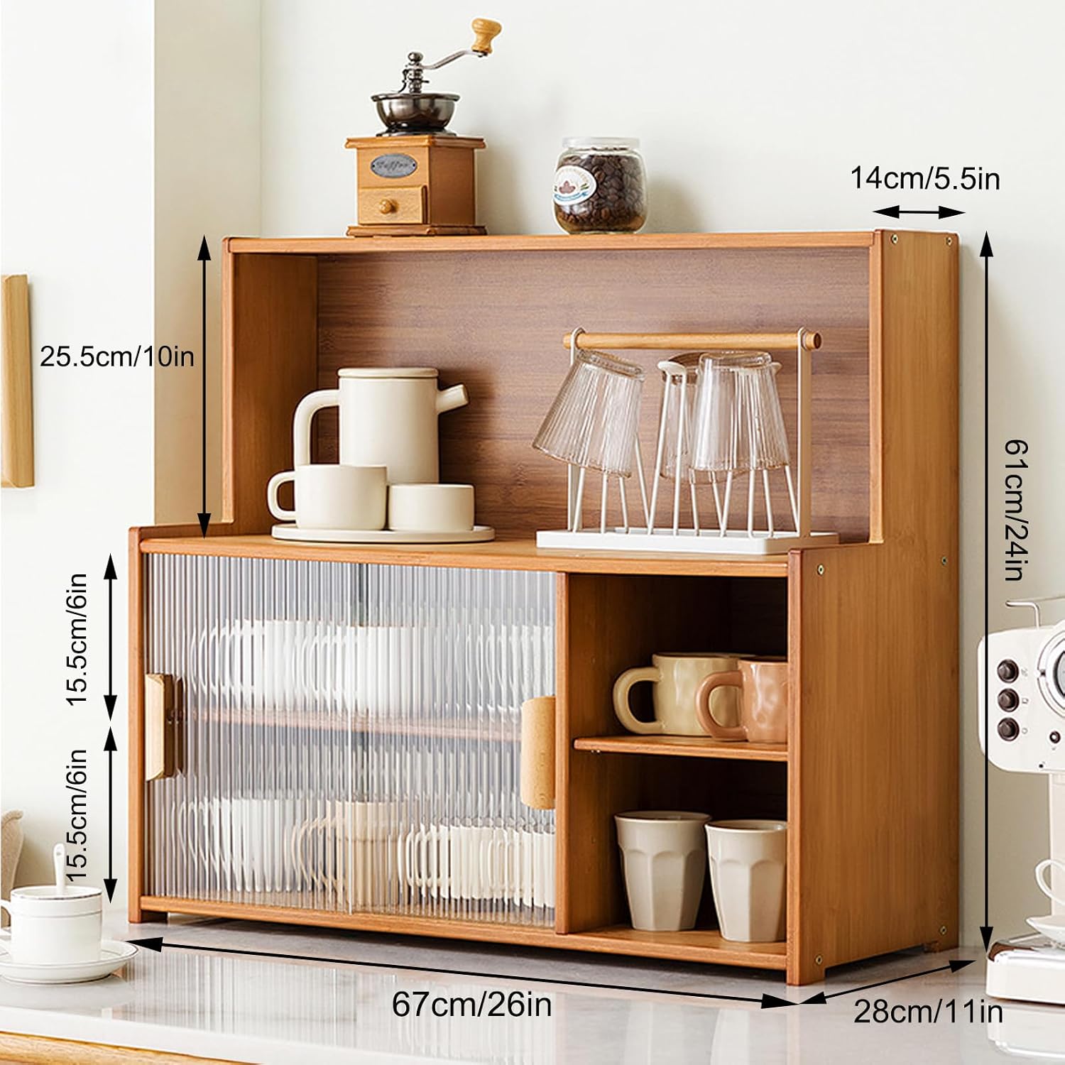 Modern Kitchen Storage Pantry Cabinet with Glass Doors & Adjustable Shelves Coffee Bar Microwave Stand Hutch Buffet Sideboard Living Room Cabinets Bakers Rack 24x26in