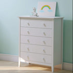 Alaterre Furniture Simplicity Wood 5-Drawer Chest, Kids Bedroom Dresser, Anti-Tip Safety, Metal Glides, Wooden Knobs, Brazilian Pine and Veneers, White