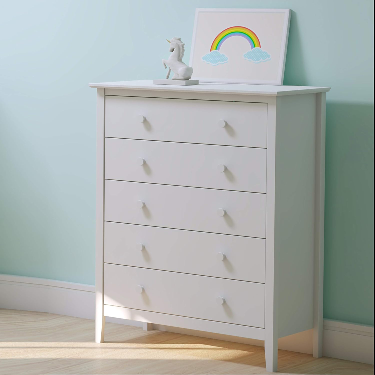 Alaterre Furniture Simplicity Wood 5-Drawer Chest, Kids Bedroom Dresser, Anti-Tip Safety, Metal Glides, Wooden Knobs, Brazilian Pine and Veneers, White