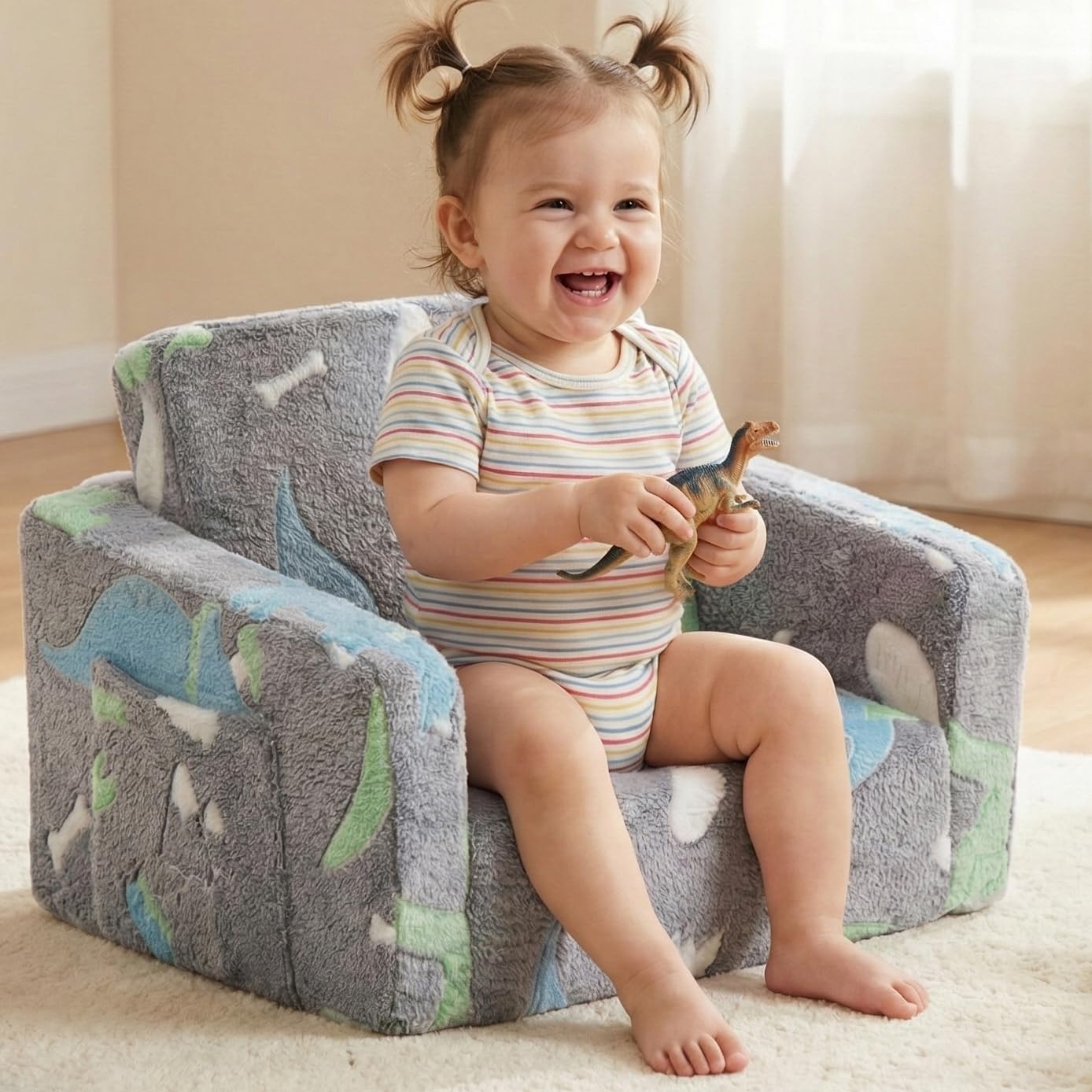 Baby Toddler Couch Chair Kids Foldable 2-in-1 Toddler Fold Out Couch Sofa for Playroom Pull Out Children Convertible Sofa to Lounger Chair for Boys & Girls with Side Pockets, Glow in the Dark Dinosaur