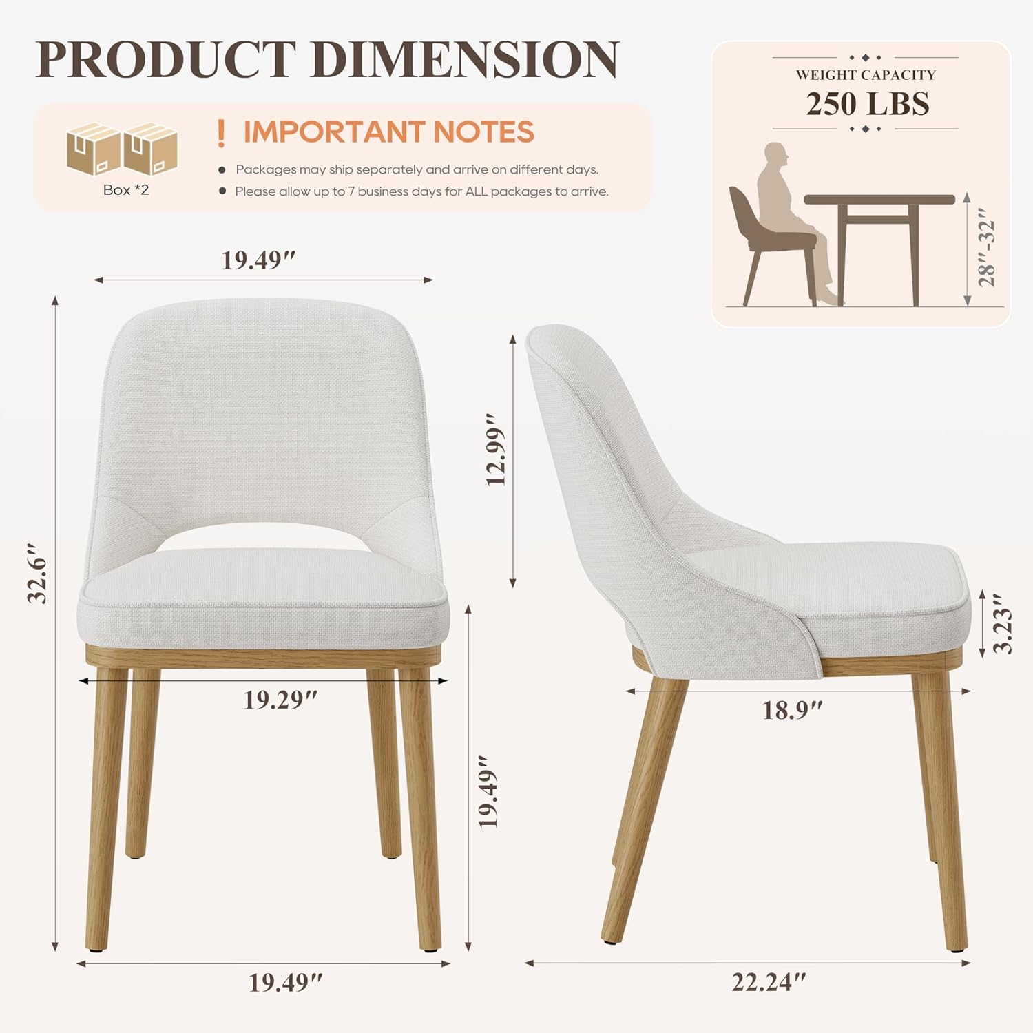 Modern Upholstered Dining Chairs Set of 4, Open Back with Solid Wood Legs, Ergonomic Curved Back Fabric Kitchen Chairs for Dining Room & Kitchen, Living Room Side Chairs, Farmhouse, Beige