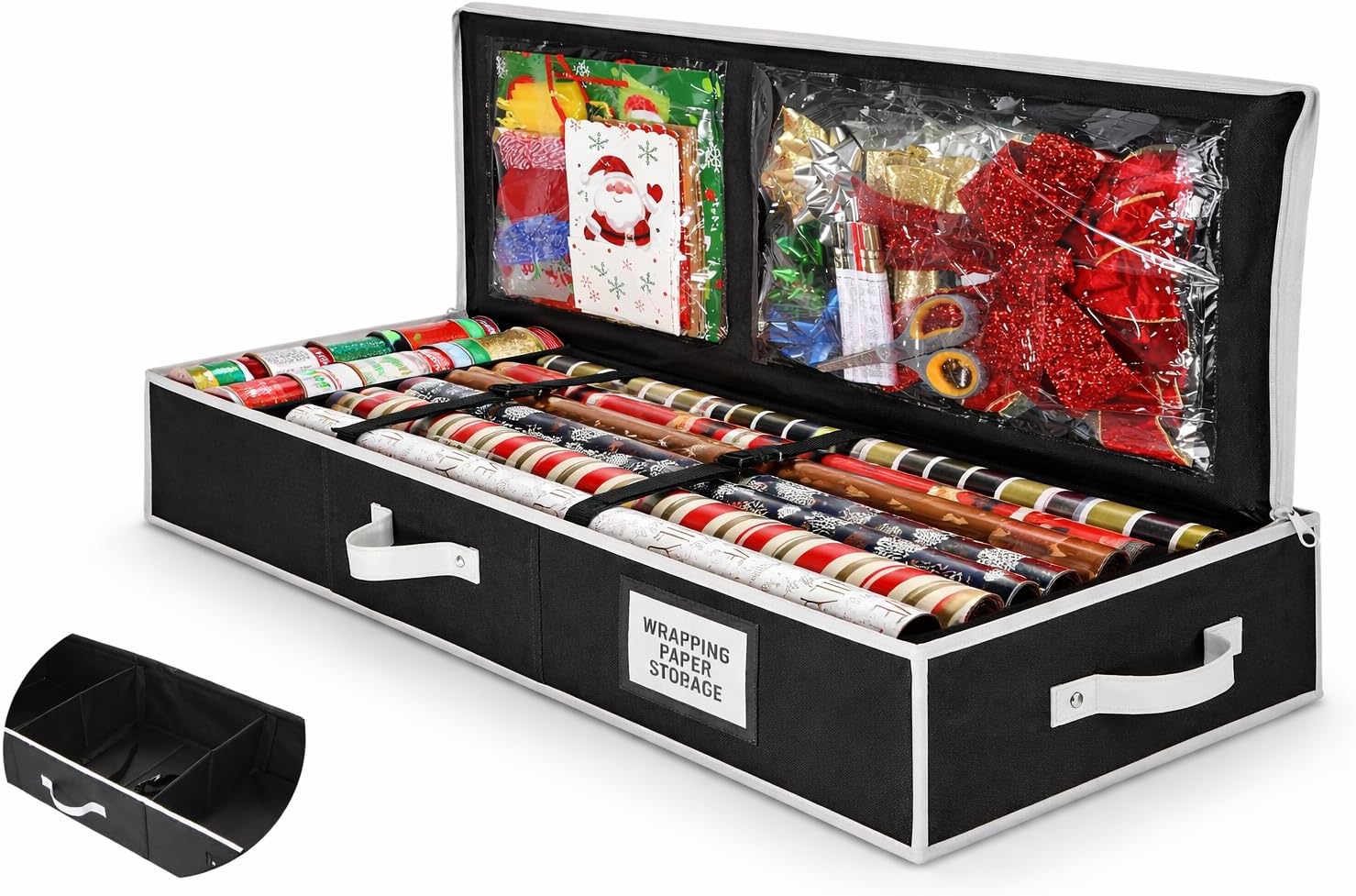 Wrapping Paper Storage Organizer – Under-Bed Gift Wrap & Ribbon Organizer Container (Fits up to 24 Rolls, 40″ × 14″ × 6″) Durable Fabric with Accessory Pockets & Adjustable Dividers